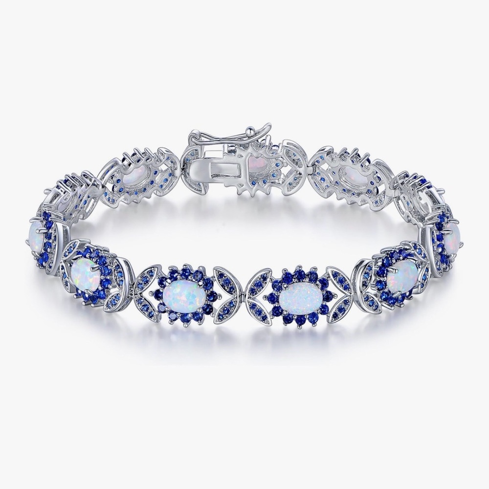 NEW 18K White Gold Plated Elegant Silver and Blue Created Opal Bracelet